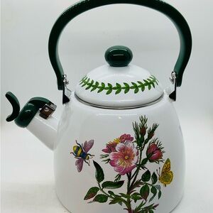 VTG Portmeirion Green Handle Enamel Kettle-Dog Rose Flowers, Bees, Butterflies